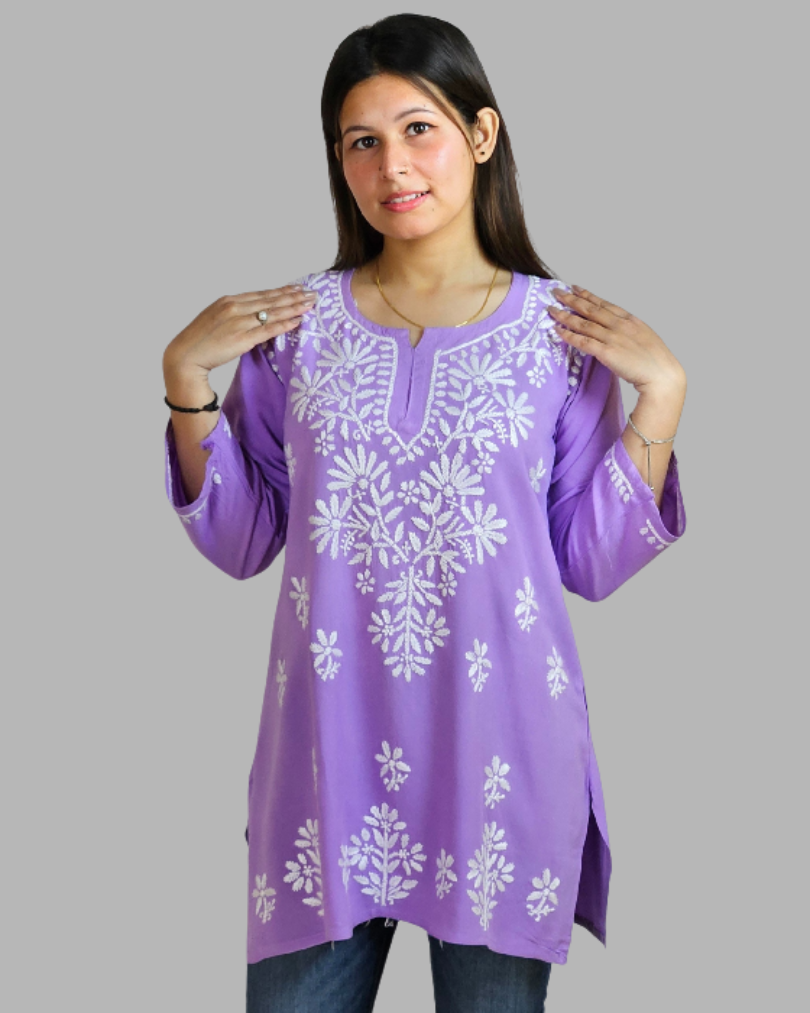 Lilac Color Plain Chikankari Short Kurti