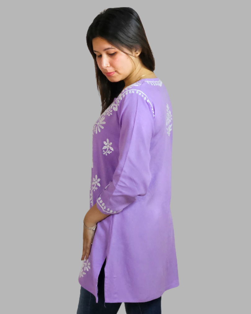 Lilac Color Plain Chikankari Short Kurti