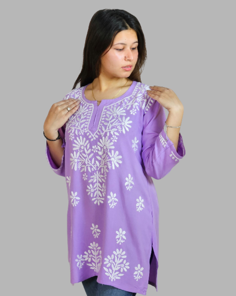 Lilac Color Plain Chikankari Short Kurti