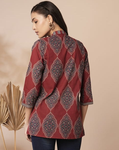 Red ethnic motifs printed short kurti_trooking 
