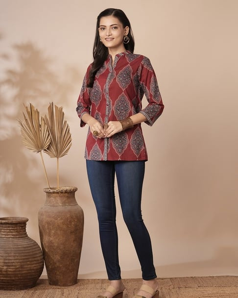 Red ethnic motifs printed short kurti_trooking 