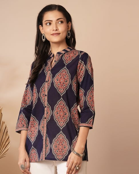 Dark blue ethnic motifs printed short kurti_trooking 