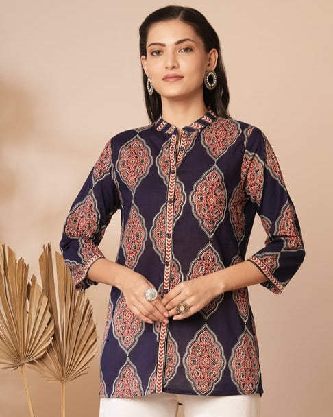 Dark blue ethnic motifs printed short kurti_trooking 