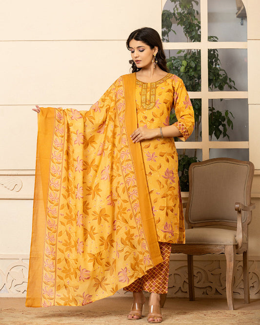 Mustard Yellow Floral Print 3 Pcs Suit