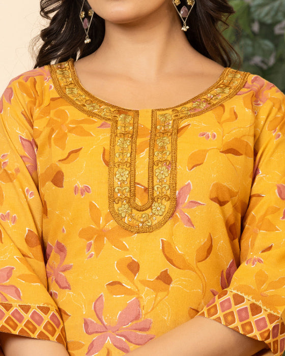 Mustard Yellow Floral Print 3 Pcs Suit