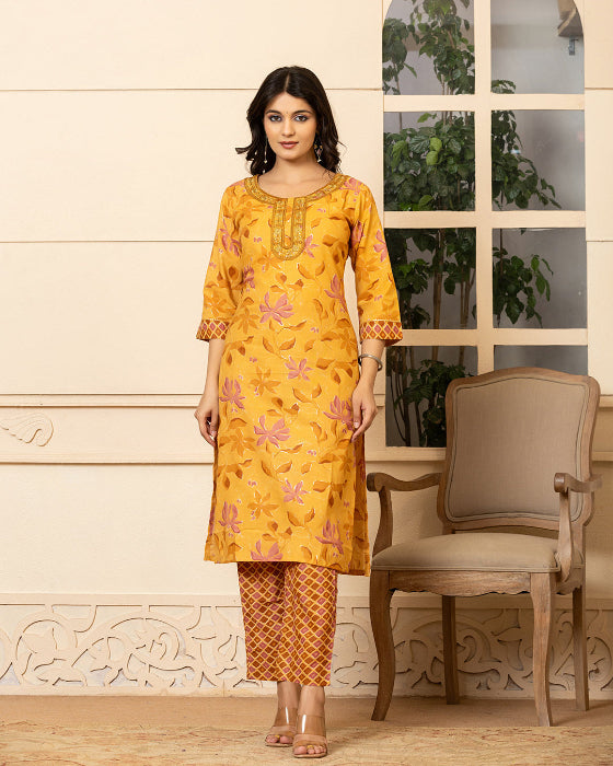 Mustard Yellow Floral Print 3 Pcs Suit
