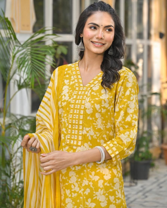Mustard Yellow V Neck 3 Pcs Suit
