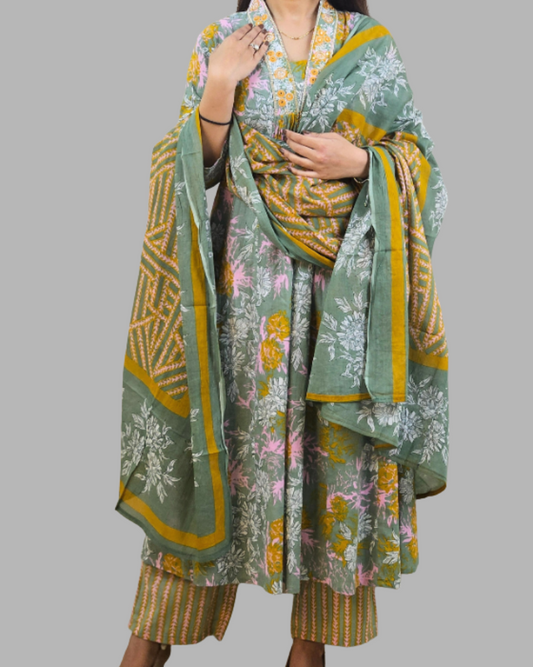 Muted Green Alia Embroidery A Line Flare Kurti Set
