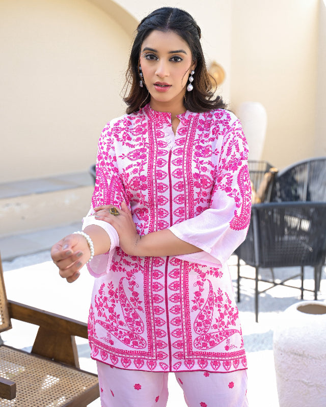 Pink Floral Print digital embroidered cord set for women