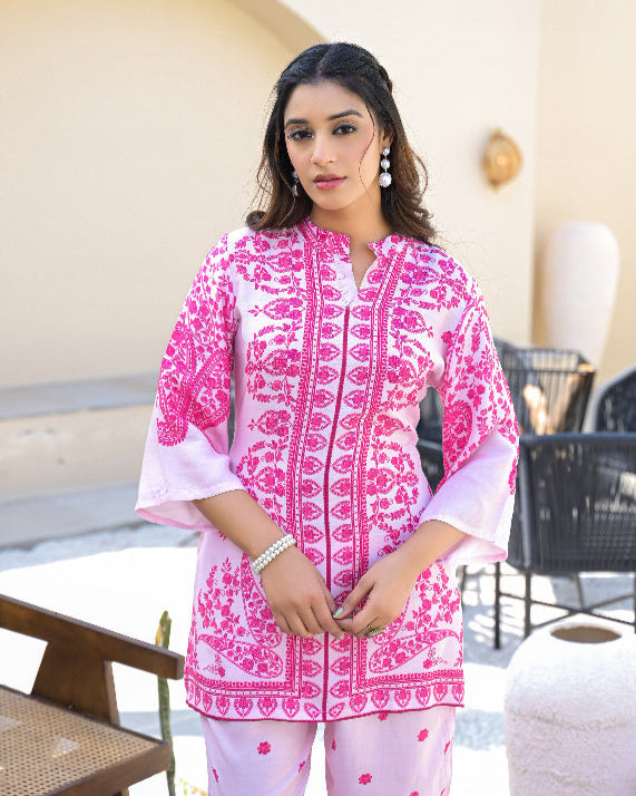 Pink Floral Print digital embroidered cord set for women
