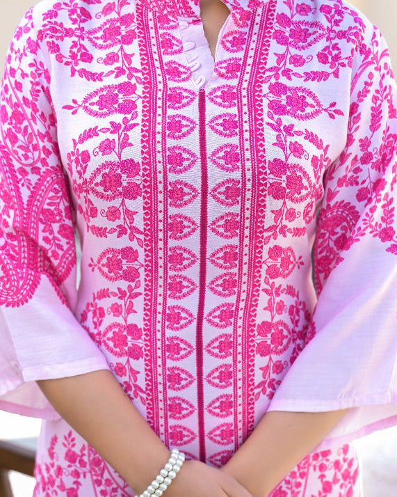 Pink Floral Print digital embroidered cord set for women