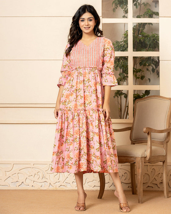 Pink Floral Print Tiered Dress With Ruffles