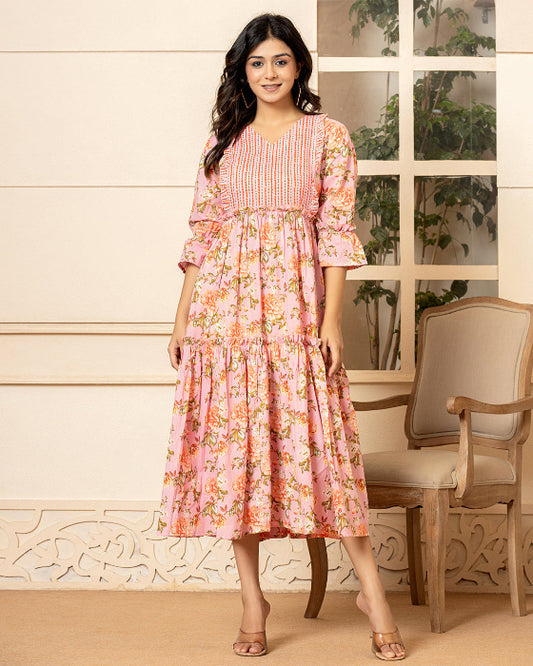 Pink Floral Print Tiered Dress With Ruffles