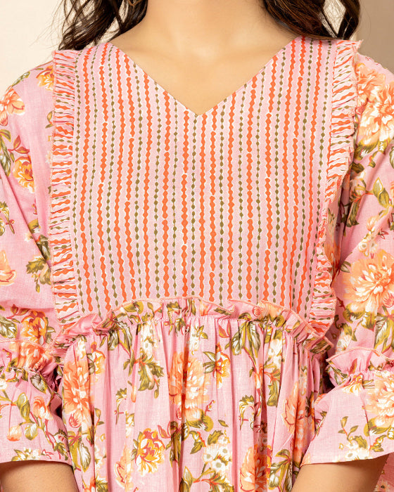 Pink Floral Print Tiered Dress With Ruffles