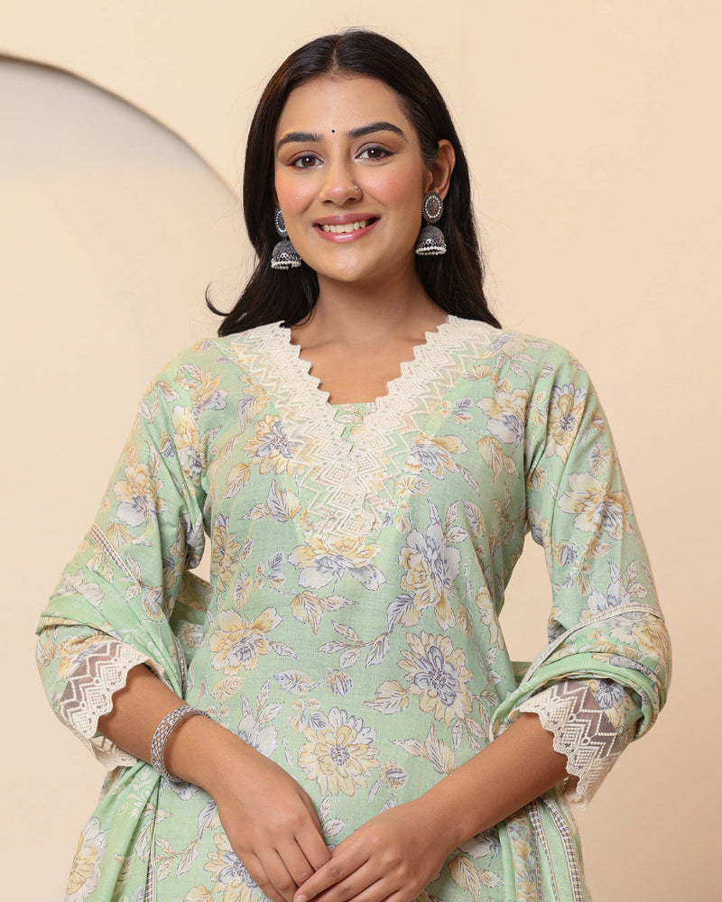 Pista Green Floral Print V Neck 3 Pcs Suit