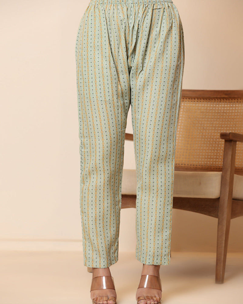 Pista Green Floral Print V Neck 3 Pcs Suit