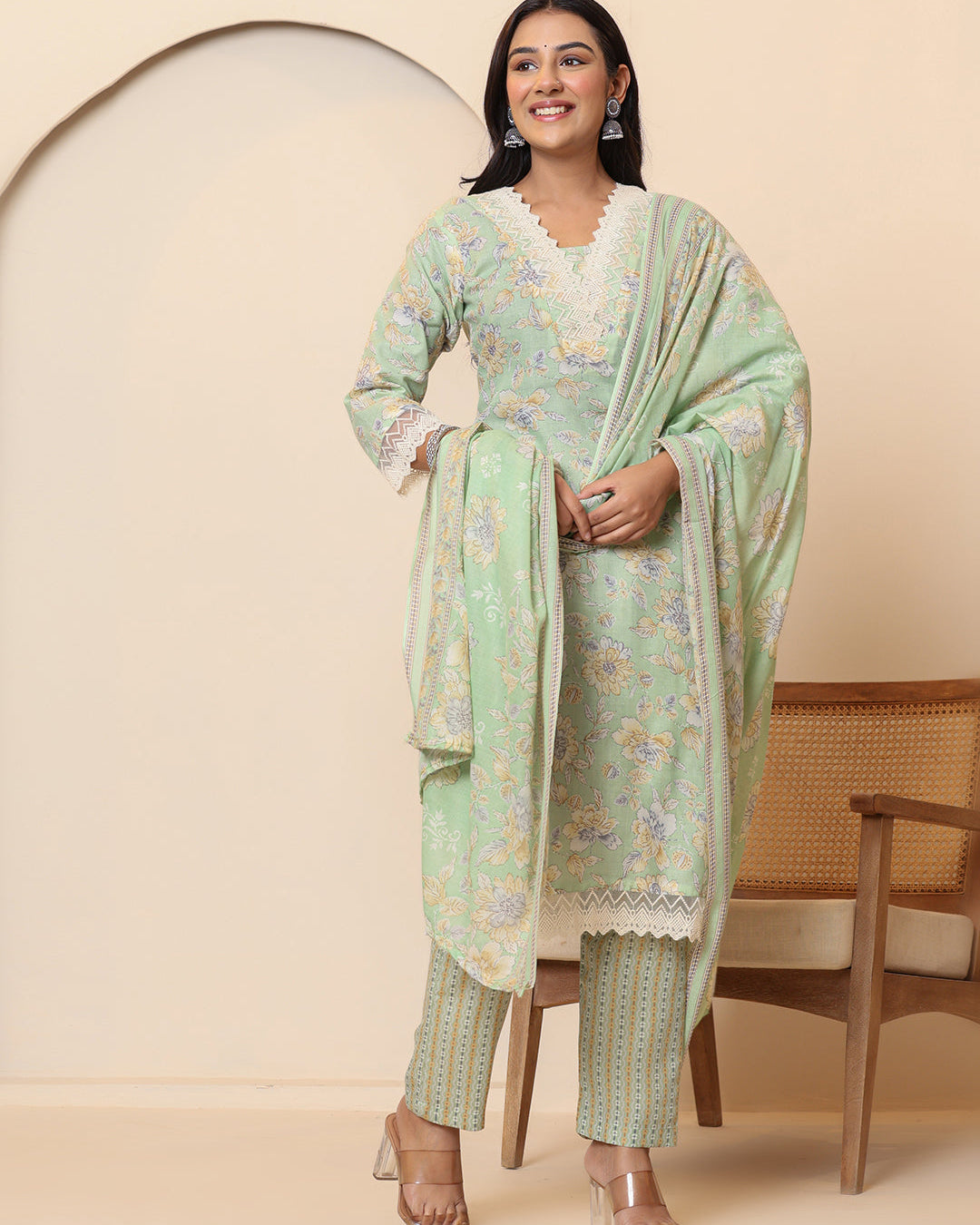Pista Green Floral Print V Neck 3 Pcs Suit