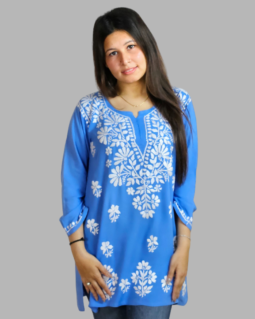 Powder Blue Plain Chikankari Short Kurti