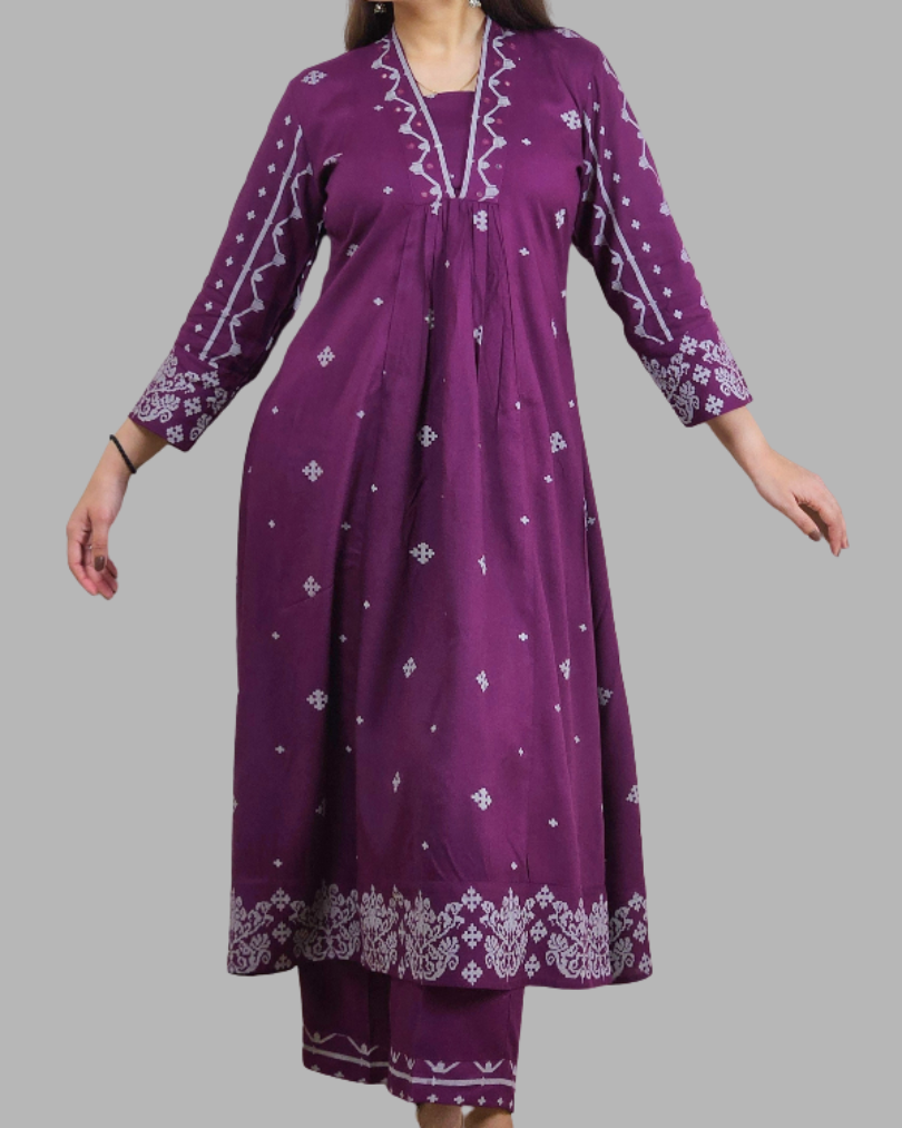 Purple V Neck 2 Pcs Anarkali Kurta Set