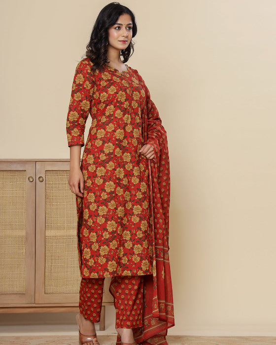Blue Digital Print Cotton 3 Pcs Suit