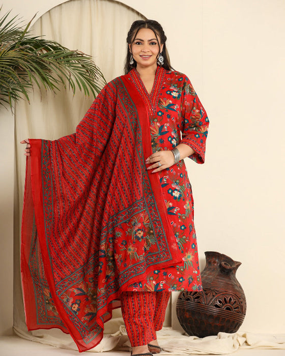Red Floral Cotton Digital Print 3 Pcs Suit (Plus Sizes Only)
