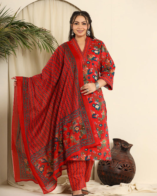 Red Floral Cotton Digital Print 3 Pcs Suit (Plus Sizes Only)