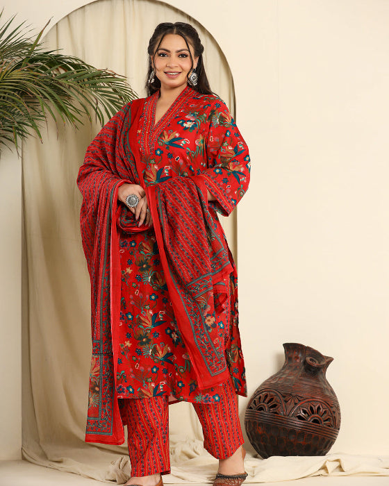 Red Floral Cotton Digital Print 3 Pcs Suit (Plus Sizes Only)