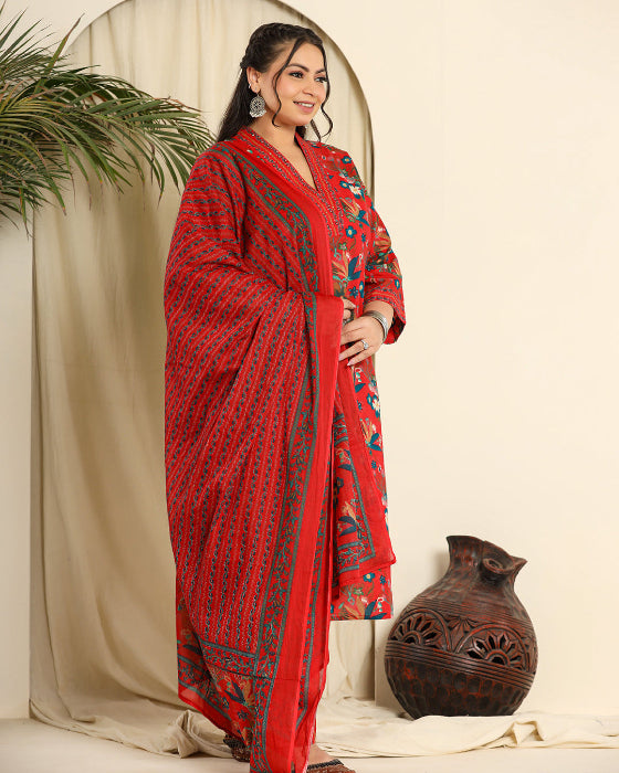 Red Floral Cotton Digital Print 3 Pcs Suit (Plus Sizes Only)