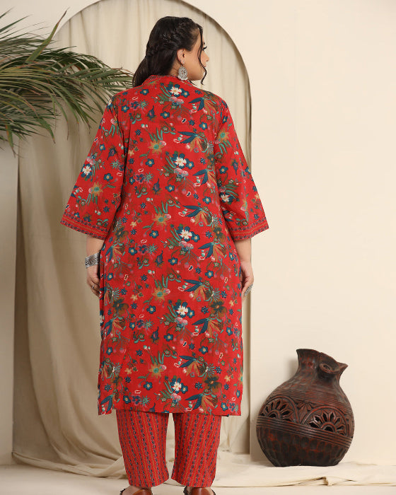 Red Floral Cotton Digital Print 3 Pcs Suit (Plus Sizes Only)