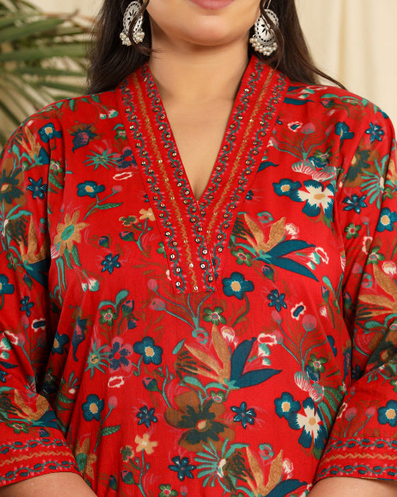 Red Floral Cotton Digital Print 3 Pcs Suit (Plus Sizes Only)