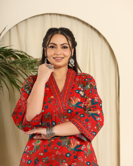 Red Floral Cotton Digital Print 3 Pcs Suit (Plus Sizes Only)