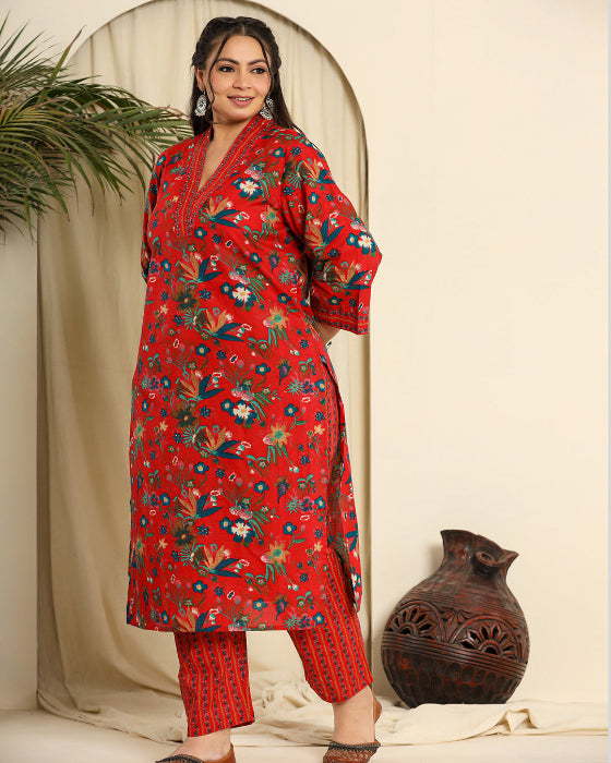 Red Floral Cotton Digital Print 3 Pcs Suit (Plus Sizes Only)
