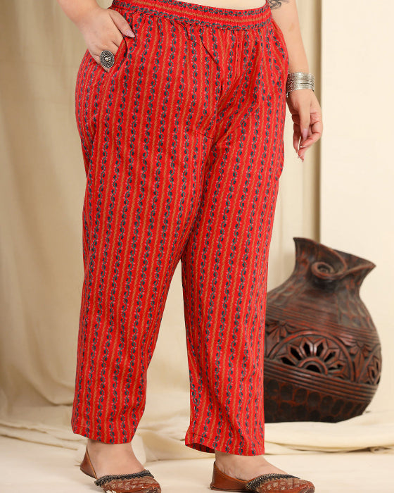 Red Floral Cotton Digital Print 3 Pcs Suit (Plus Sizes Only)