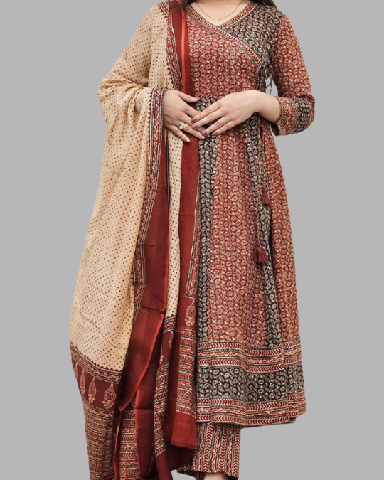 Rust Bugru Print 3 Pcs Anarkali  Kurta Set