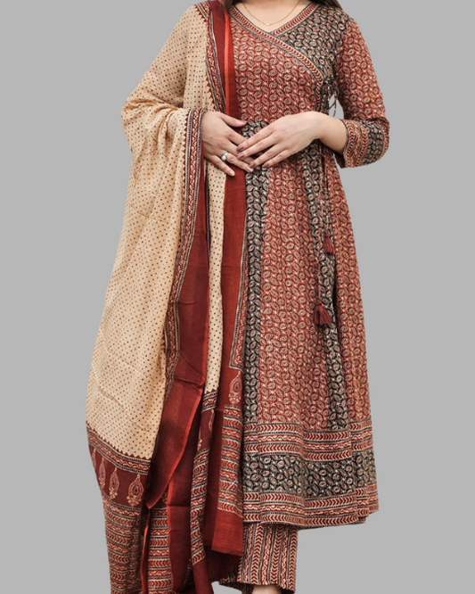 Rust Bugru Print 3 Pcs Anarkali  Kurta Set