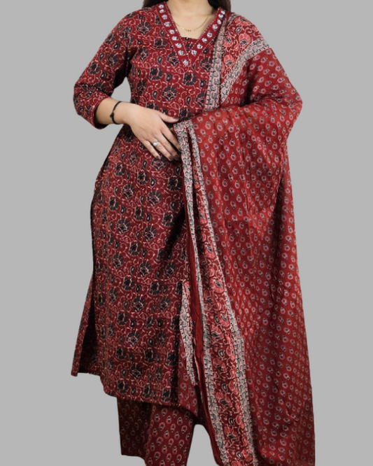 Rust Floral Print V Neck  3 Pcs Kurta Set