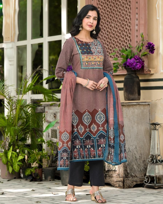 Rust  Round Neck Ajrak Print 3 Pcs Suit