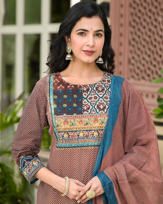 Rust  Round Neck Ajrak Print 3 Pcs Suit