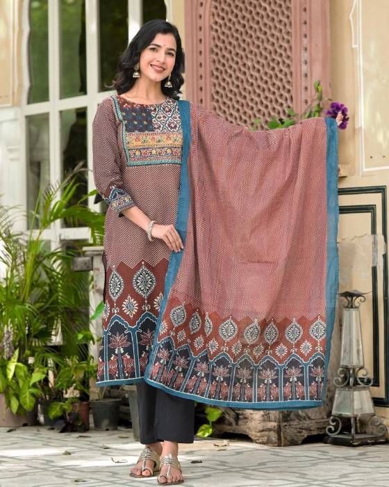 Rust  Round Neck Ajrak Print 3 Pcs Suit