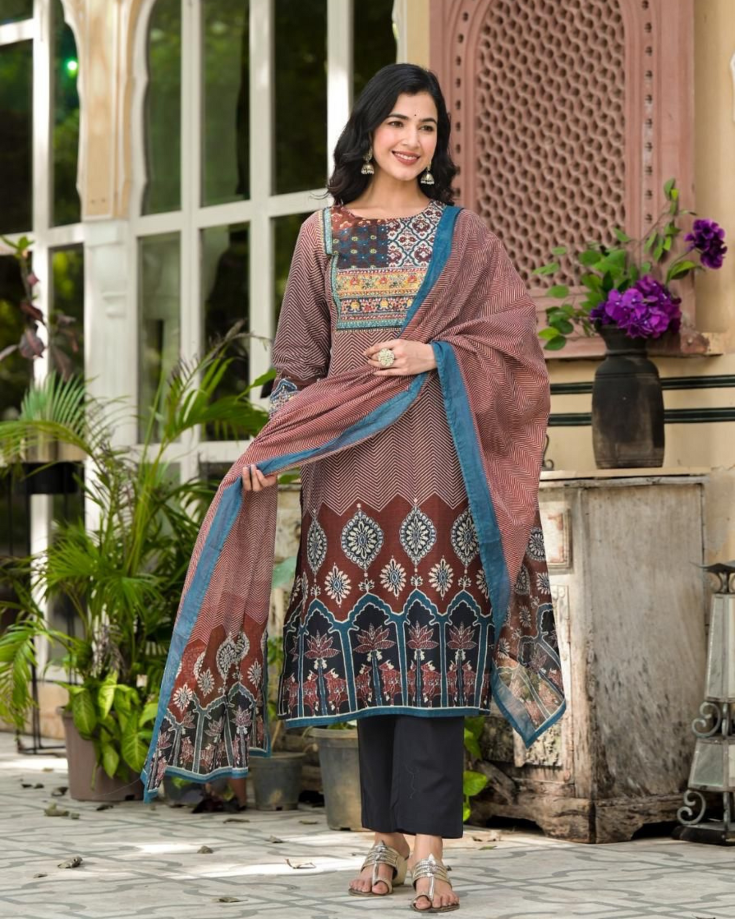 Rust  Round Neck Ajrak Print 3 Pcs Suit