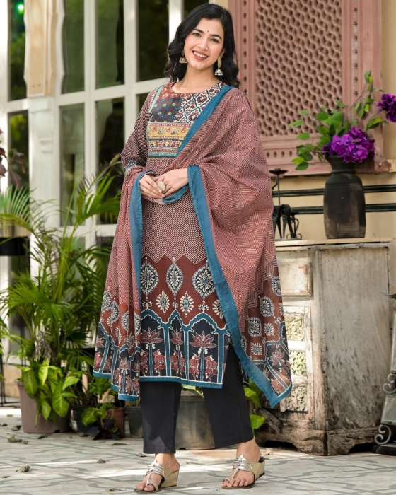 Rust  Round Neck Ajrak Print 3 Pcs Suit