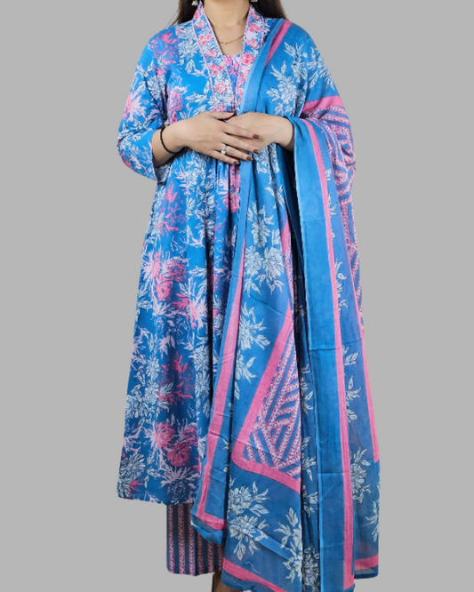 Sky Blue Alia Embroidery A Line Flare Kurti Set