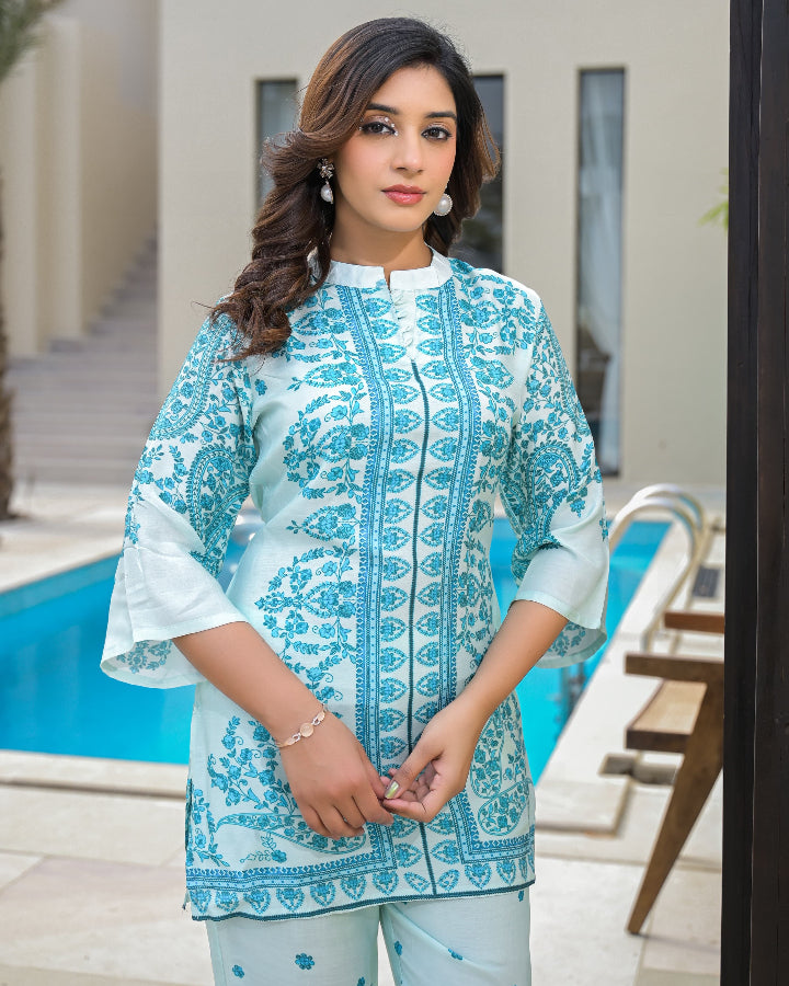 Light Blue Floral Print digital embroidered cord set for women