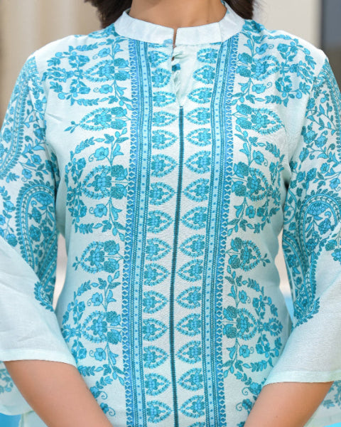 Light Blue Floral Print digital embroidered cord set for women