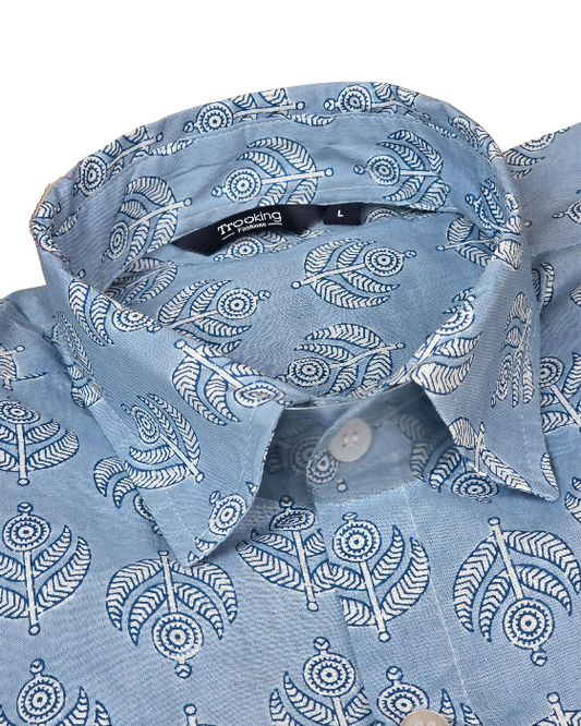 Sky Blue Jaipuri Floral Print Full Sleeved Printed Shirt For Men