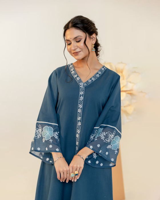 Teal Blue Embroidered 2 Pcs Kurta Set