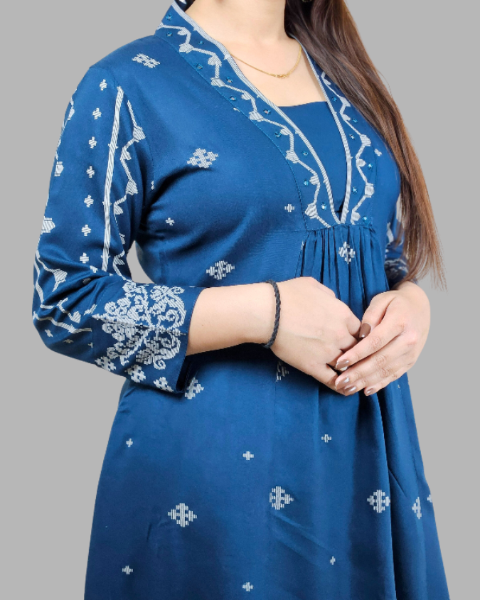 Teal V Neck 2 Pcs Anarkali Kurta Set