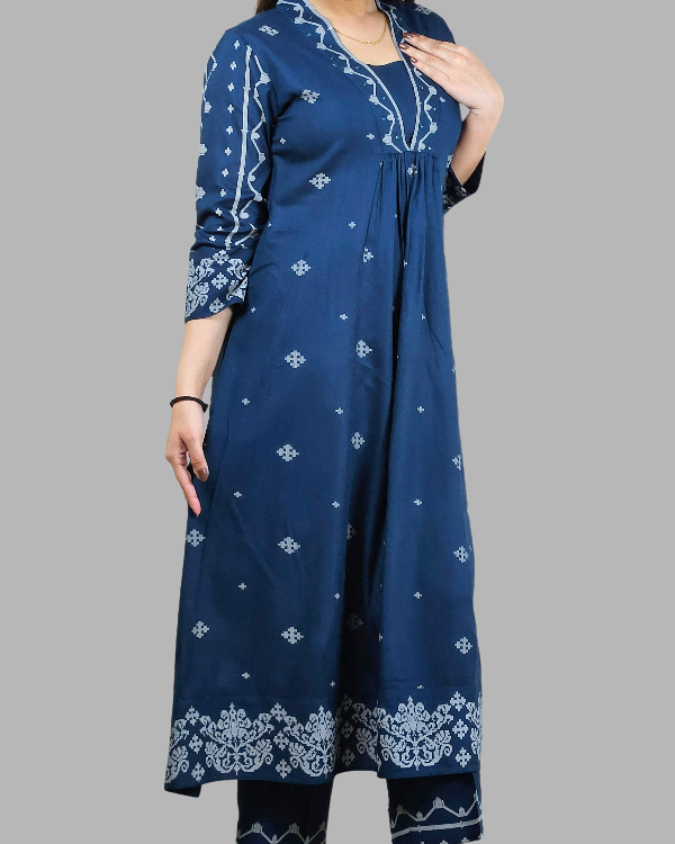 Teal V Neck 2 Pcs Anarkali Kurta Set