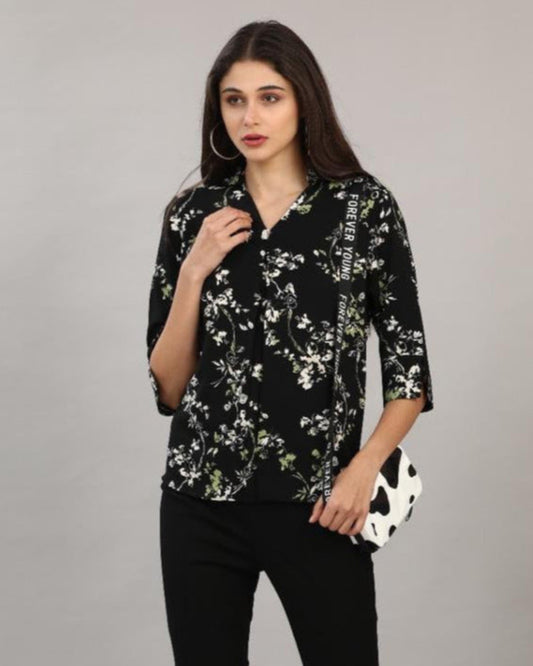 Black Floral Print V Neck Top