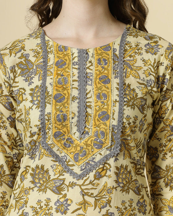 Yellow Cotton Adda Work With Dabu Print 3 Pcs Suit